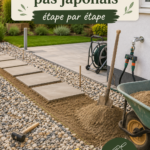 Installation de pas japonais en pierre dans un jardin verdoyant.
