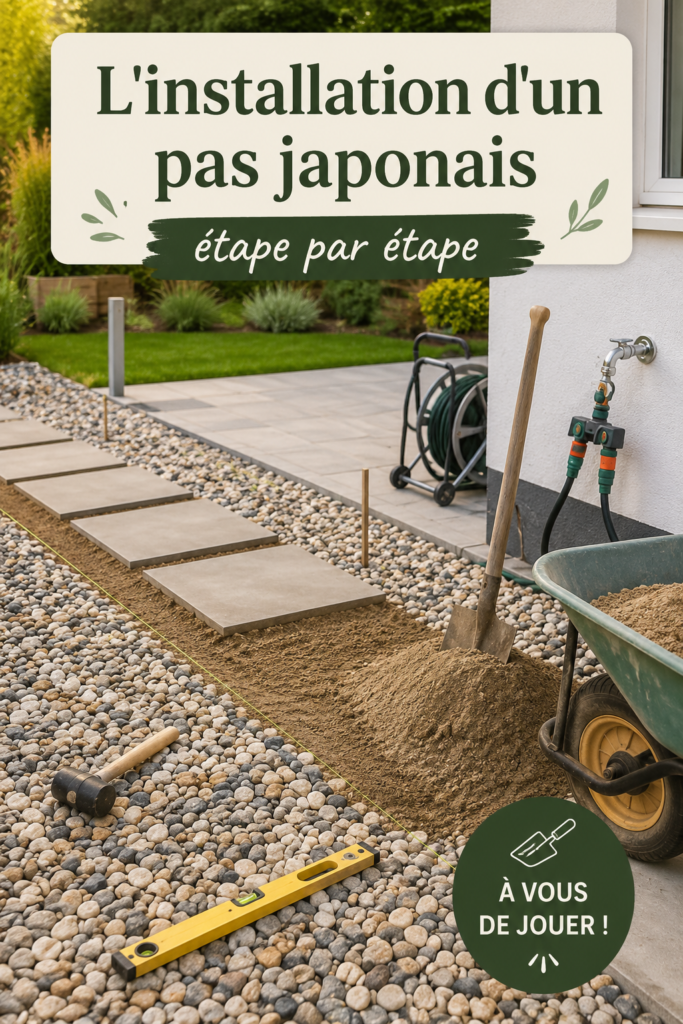Installation de pas japonais en pierre dans un jardin verdoyant.