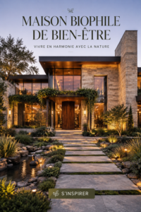 Maison lumineuse avec des plantes et des éléments naturels, ambiance biophilique