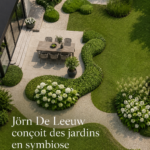 Un beau jardin s'harmonisant avec une maison moderne, rempli de fleurs et d'arbustes.