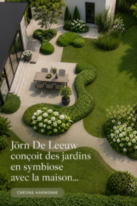 Un beau jardin s'harmonisant avec une maison moderne, rempli de fleurs et d'arbustes.