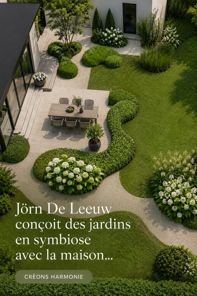 Un beau jardin s'harmonisant avec une maison moderne, rempli de fleurs et d'arbustes.