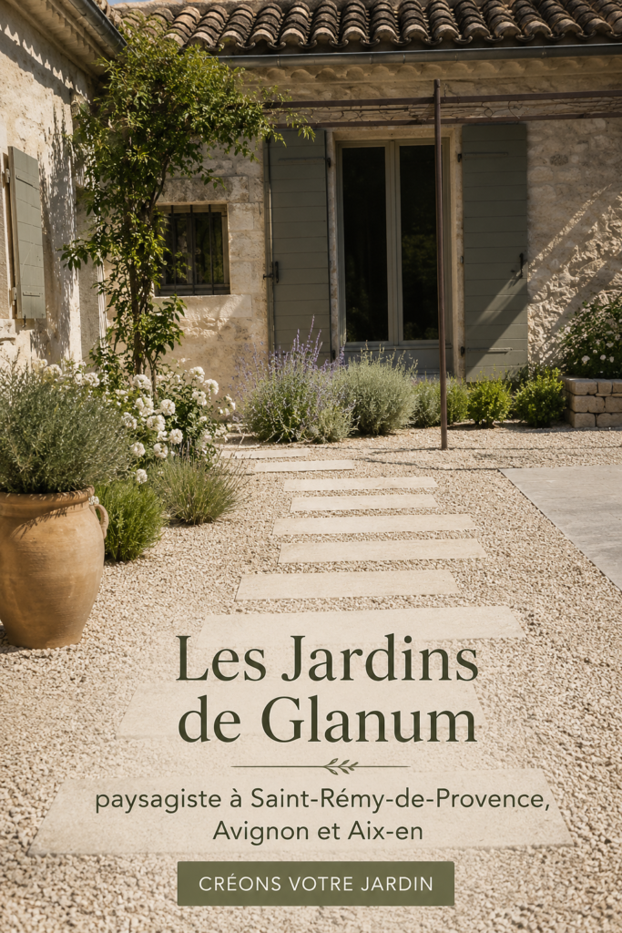 Une terrasse joliment aménagée par Les Jardins de Glanum à Saint-Rémy-de-Provence.