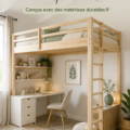 Lit loft éco-responsable en bois naturel dans une chambre d'enfant.