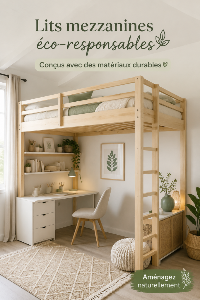 Lit loft éco-responsable en bois naturel dans une chambre d'enfant.