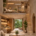 Loft tropical chaleureux avec des éléments minimalistes en bois et des plantes