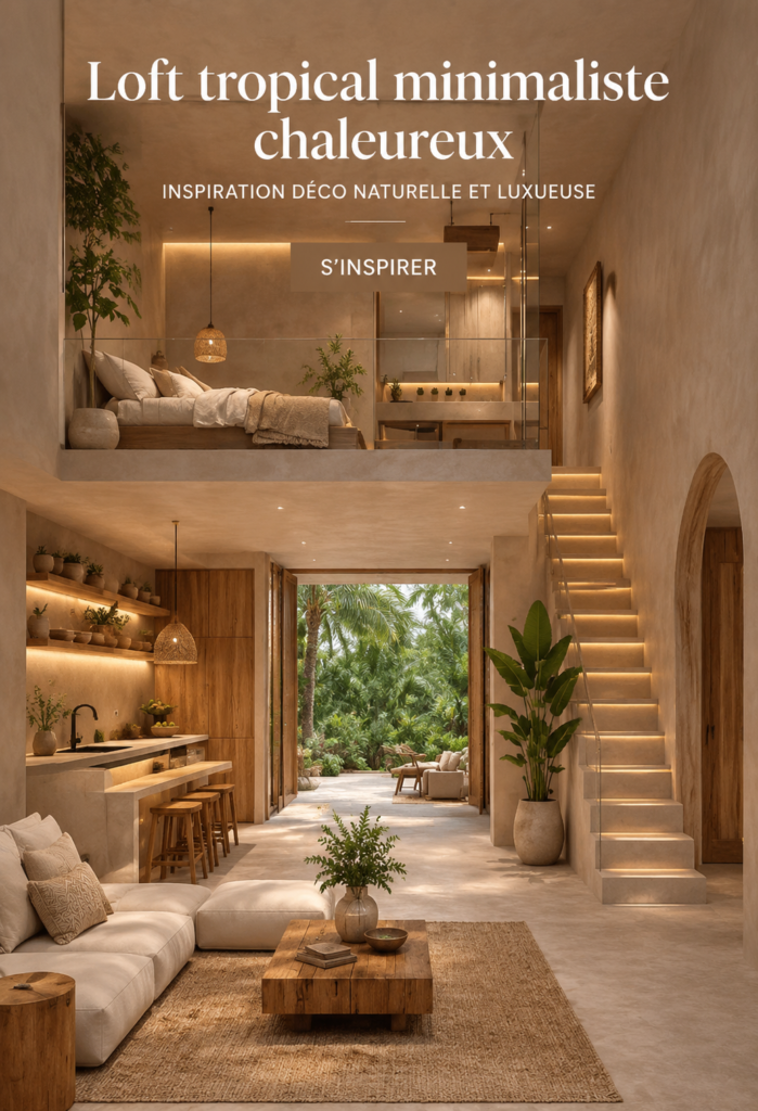 Loft tropical chaleureux avec des éléments minimalistes en bois et des plantes