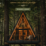 Maison A-Frame perchée dans les arbres entourée de verdure