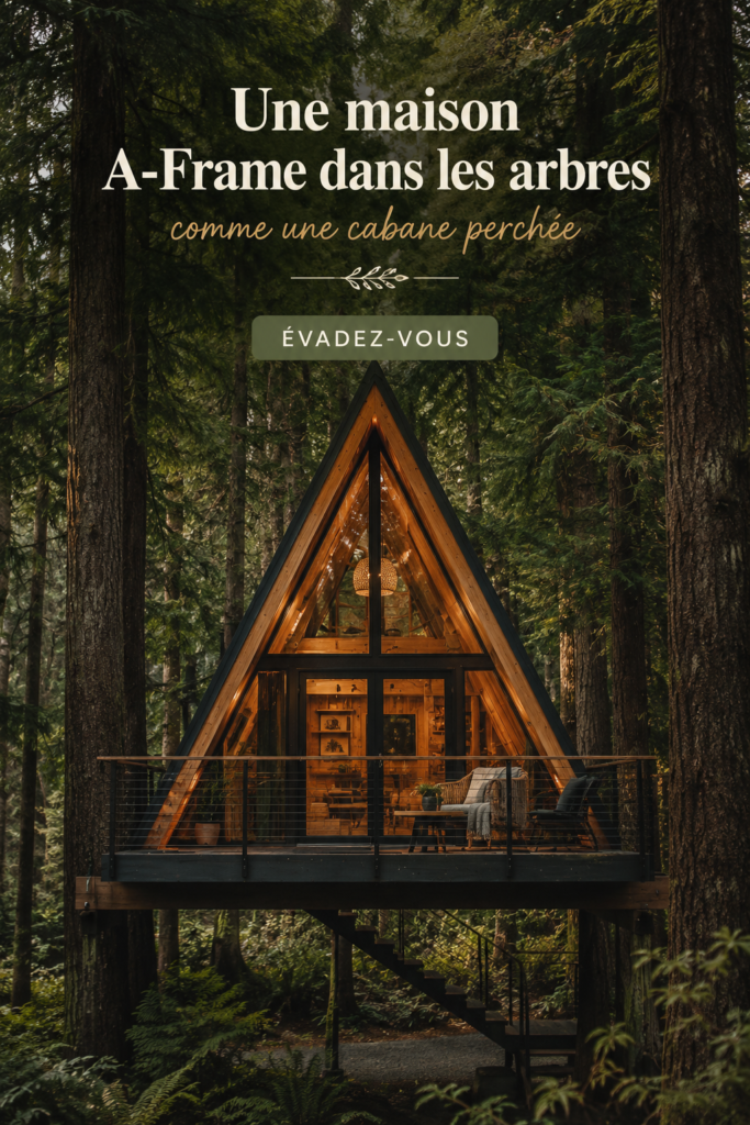 Maison A-Frame perchée dans les arbres entourée de verdure