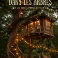 Une maison dans les arbres accueillante et colorée, entourée de verdure