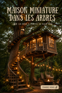 Une maison dans les arbres accueillante et colorée, entourée de verdure