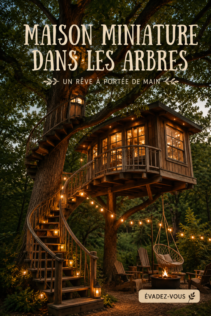 Une maison dans les arbres accueillante et colorée, entourée de verdure