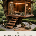 Une maison dans les arbres moderne avec un environnement nature apaisant, illustrant le zen.