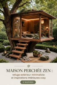 Une maison dans les arbres moderne avec un environnement nature apaisant, illustrant le zen.