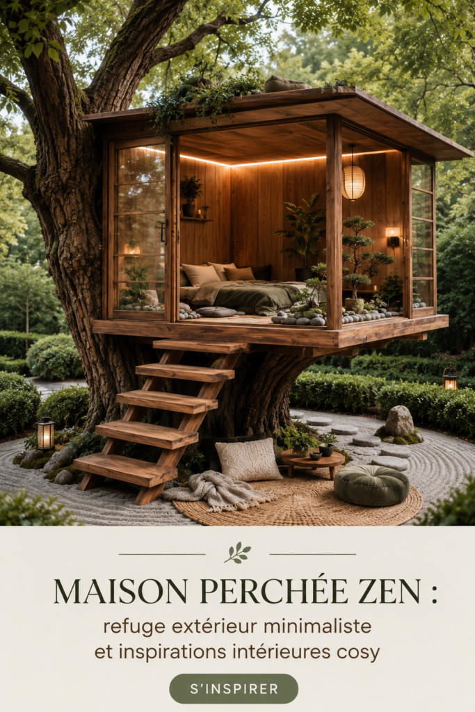 Une maison dans les arbres moderne avec un environnement nature apaisant, illustrant le zen.