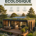 Maison préfabriquée écologique entourée de nature, conçue pour être durable et auto-suffisante.
