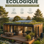 Maison préfabriquée écologique entourée de nature, conçue pour être durable et auto-suffisante.