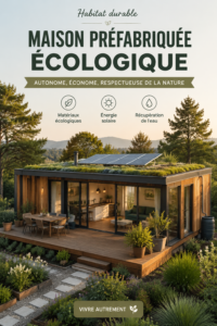 Maison préfabriquée écologique entourée de nature, conçue pour être durable et auto-suffisante.