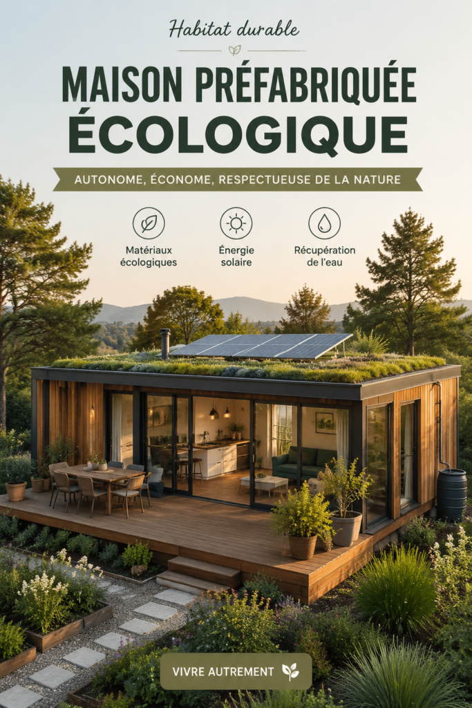Maison préfabriquée écologique entourée de nature, conçue pour être durable et auto-suffisante.