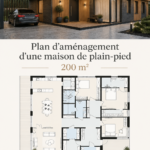 Illustration d'un plan de maison moderne hi-tech de 200 m², avec un design contemporain et spacieux.