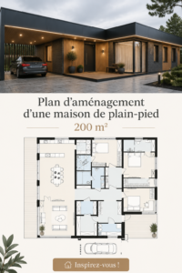 Illustration d'un plan de maison moderne hi-tech de 200 m², avec un design contemporain et spacieux.