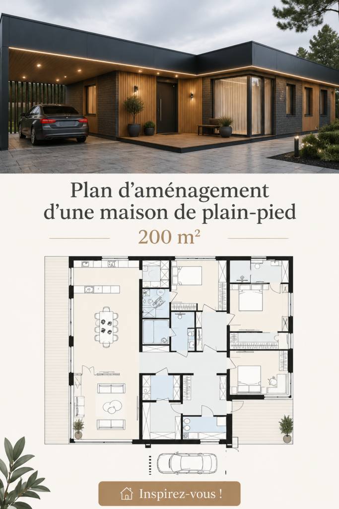 Illustration d'un plan de maison moderne hi-tech de 200 m², avec un design contemporain et spacieux.