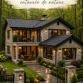 Une maison moderne entourée d'arbres, créant un refuge chaleureux en pleine nature.