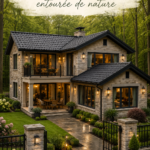 Une maison moderne entourée d'arbres, créant un refuge chaleureux en pleine nature.