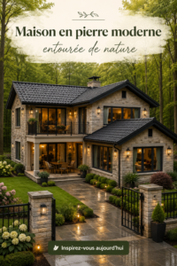 Une maison moderne entourée d'arbres, créant un refuge chaleureux en pleine nature.