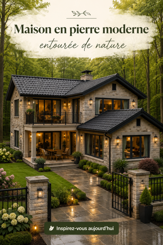 Une maison moderne entourée d'arbres, créant un refuge chaleureux en pleine nature.