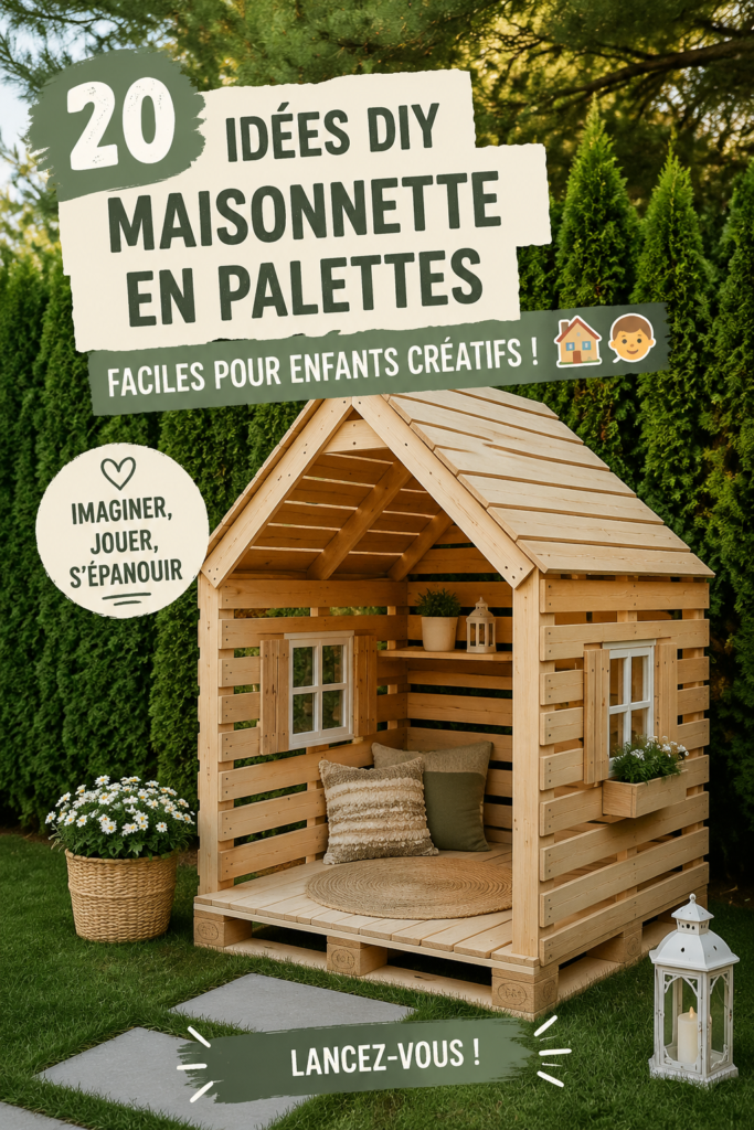 Maison de jeu en palette pour enfants dans un jardin.