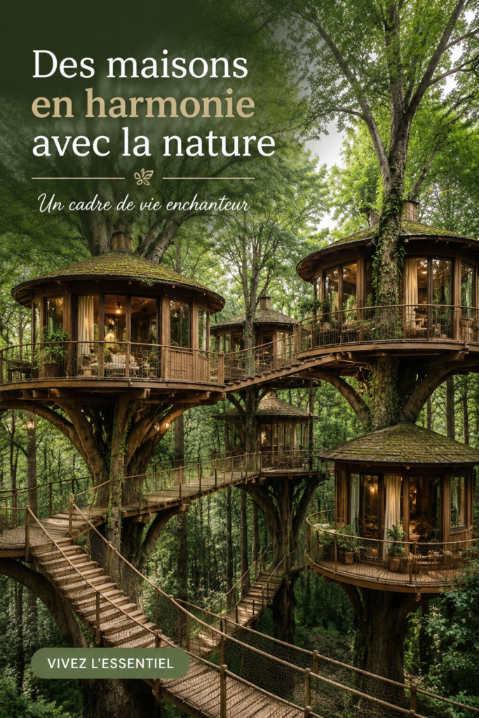 Maison moderne en bois entourée d'arbres et de nature luxuriante
