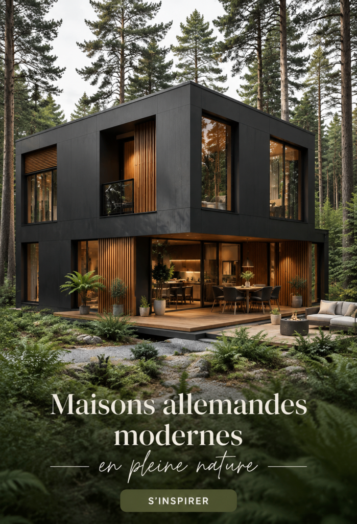Maison moderne en bois entourée de verdure, alliant confort et nature.