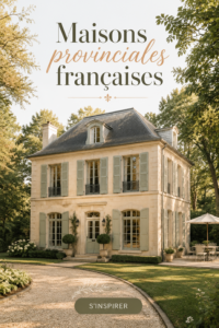 Une maison provinciale française typique avec des volets colorés et un jardin fleuri.