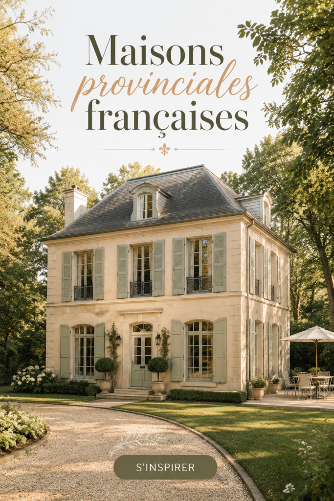 Une maison provinciale française typique avec des volets colorés et un jardin fleuri.