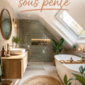 Salle de bains sous pente élégamment aménagée avec des rangements optimisés.