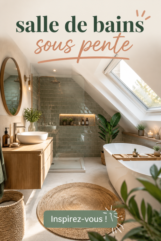 Salle de bains sous pente élégamment aménagée avec des rangements optimisés.