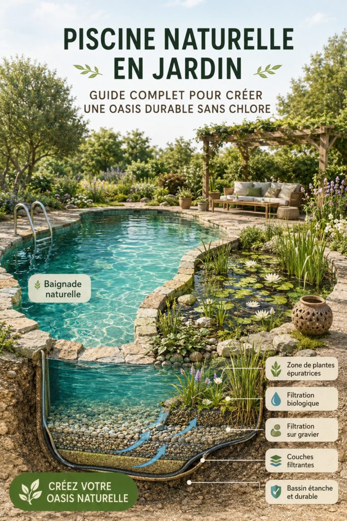 Image d'une piscine naturelle entourée de verdure dans un jardin