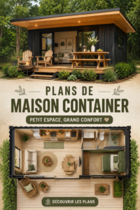 Un modèle de maison container moderne avec un aménagement extérieur agréable.