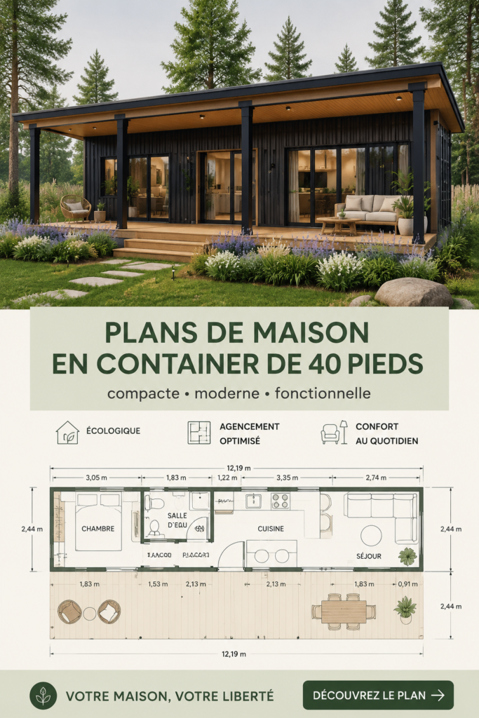 Illustration d'une maison conteneur de 40 pieds, moderne et accueillante