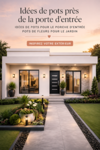 Entrée de maison avec des pots de fleurs colorés et variés