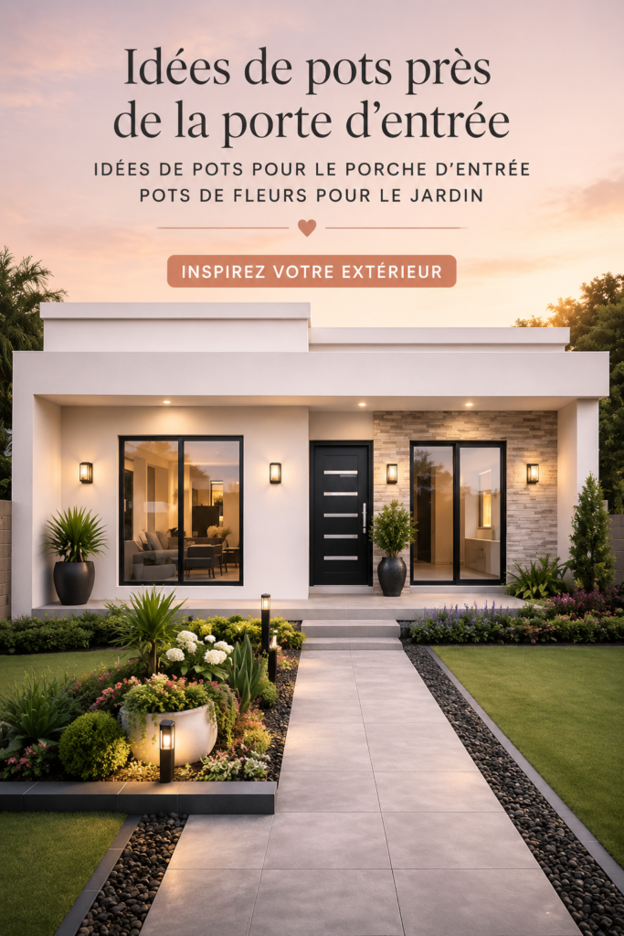Entrée de maison avec des pots de fleurs colorés et variés