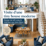 Tiny house moderne avec un intérieur bleu apaisant et cosy.