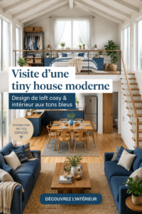 Tiny house moderne avec un intérieur bleu apaisant et cosy.