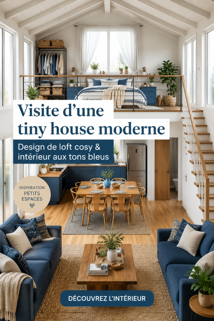Tiny house moderne avec un intérieur bleu apaisant et cosy.
