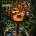 Un intérieur chaleureux avec des accents forestiers et un escalier spiral élégant.