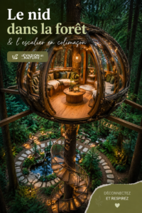 Un intérieur chaleureux avec des accents forestiers et un escalier spiral élégant.
