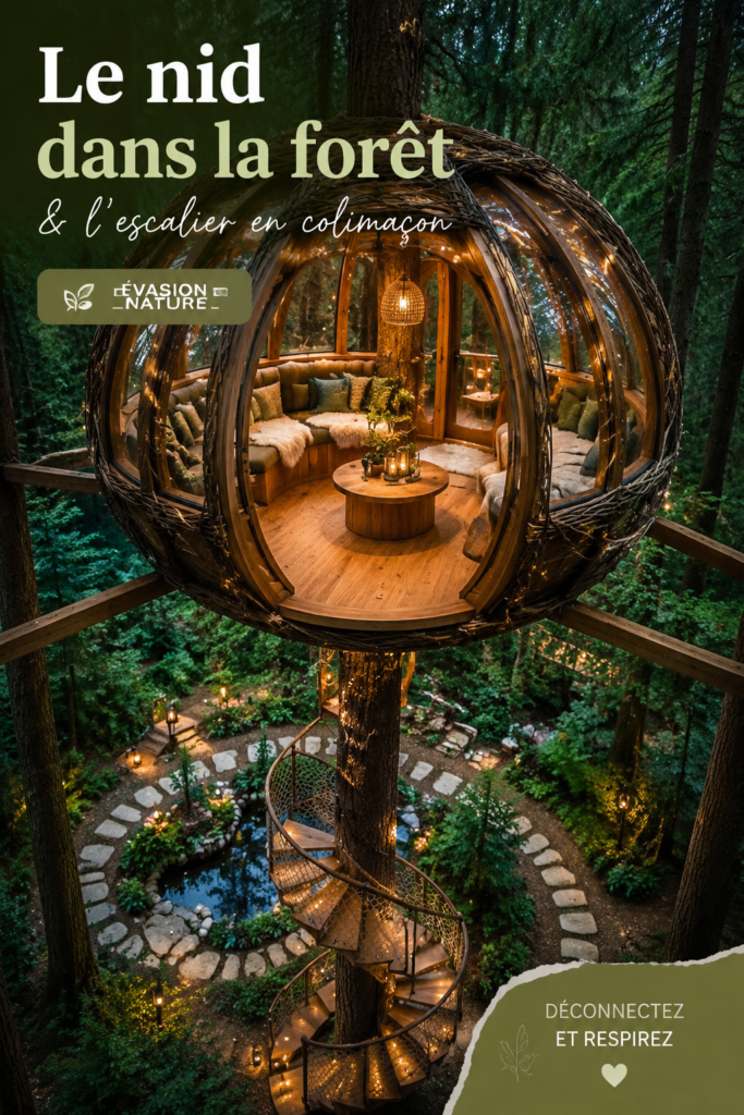 Un intérieur chaleureux avec des accents forestiers et un escalier spiral élégant.