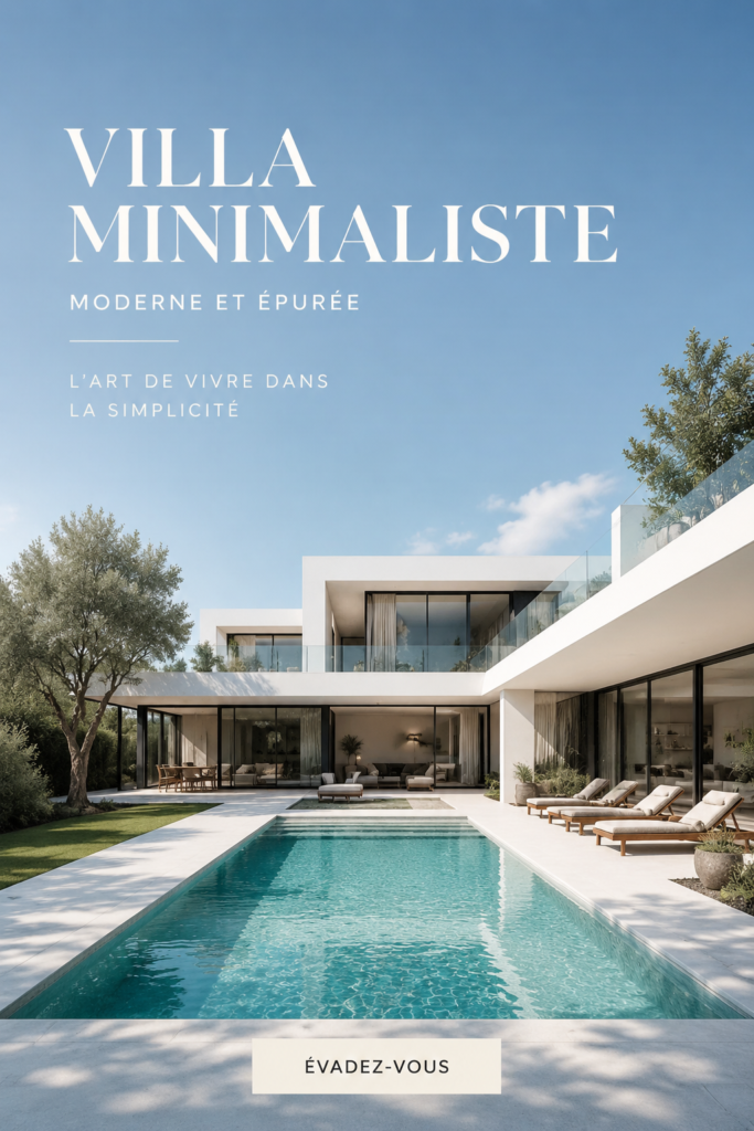 Une vue extérieure d'une villa moderne et minimaliste avec un design épuré et des lignes contemporaines.
