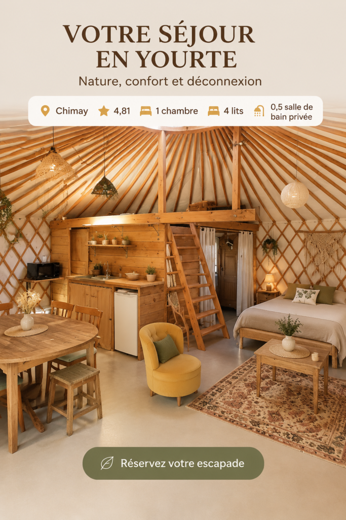 Une yourte accueillante à Chimay, entourée de verdure, idéale pour un séjour relaxant.